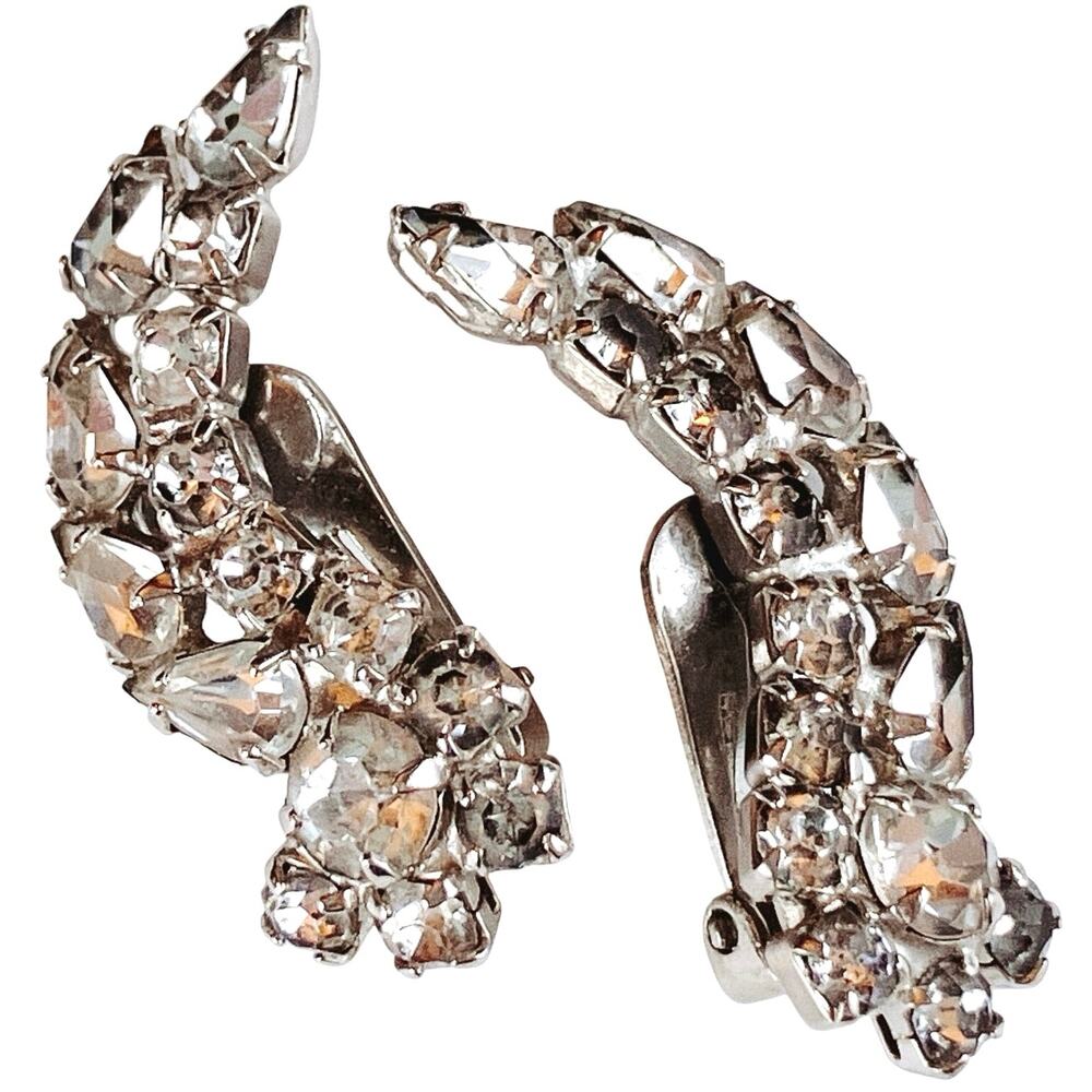 VTG Mid Century Crescent Rhinestone Clip On Earrings Silver Tone 1950s